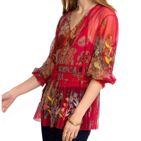 NEW Johnny Was Feather Lark Mesh Blouse Floral Embroidered Red w Camisole Size L - Picture 4 of 16